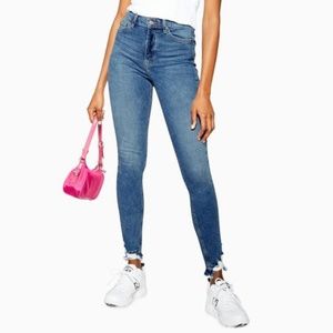 Topshop Mid Blue Rip Hem Jamie Jeans W30 L30